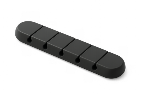 Black cable organizer keeping wires tidy on transparent background