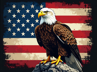 Naklejka premium Majestic bald eagle perched on rock against distressed American flag