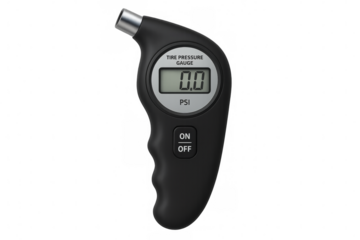 Digital tire pressure gauge showing zero psi on transparent background