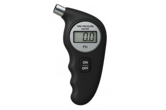 Digital tire pressure gauge showing zero psi on transparent background