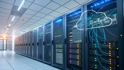 Modern data center server room with cloud computing network