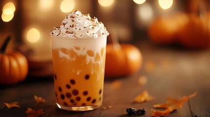 Soft indoor lighting on pumpkin boba tea with whipped cream topping