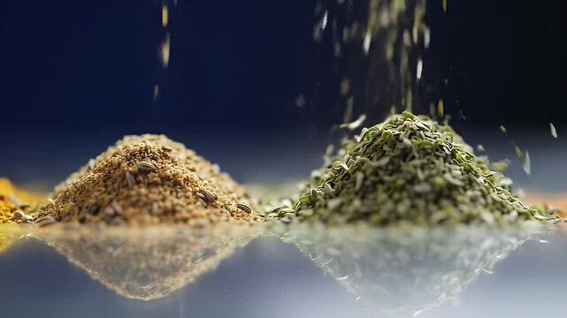 Vibrant Trio of Middle Eastern Spices Turmeric Cumin and Green Herbs Reflected on a Glossy Surface
