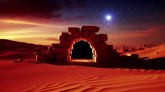 Voxel Art Desert Landscape with Stone Archway at Sunset Animation For Game Assets and Concept Art