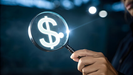 Hand holding magnifying glass with glowing dollar sign
