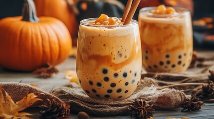 Warm-toned pumpkin bubble tea in glass cup on rustic table