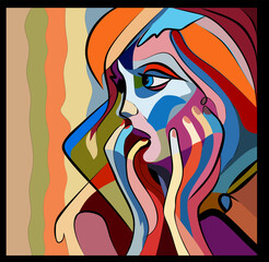Colorful abstract background, cubism art style, scared woman