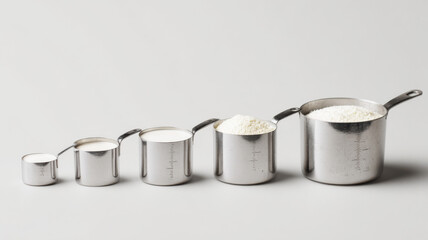 Measuring cups filled step-by-step, showing process