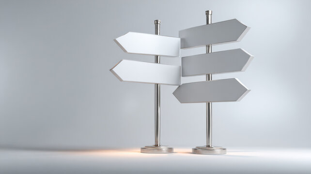 Signposts pointing in different directions, focused lighting, white background with copy space on left side --ar 16:9 --v 7 Job ID: 696c8175-2bf2-49a4-8dc5-dca6b29140c3