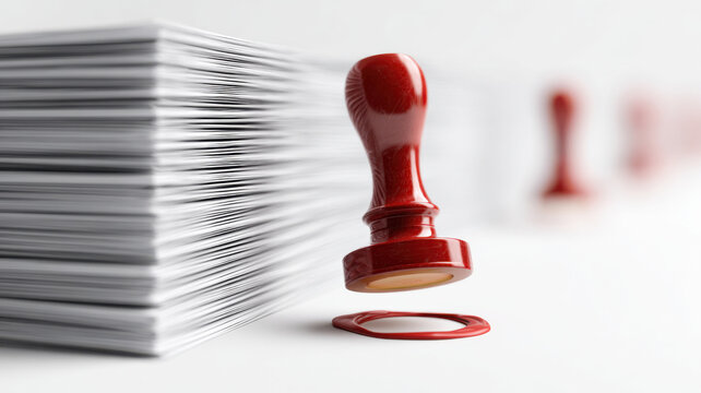 Stack of documents moving toward a stamp, symbolizing approval