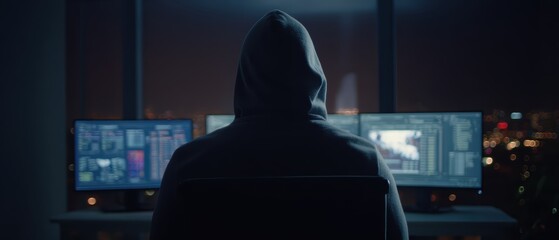A person in a hoodie sits in front of multiple computer screens at night, facing away, with city lights visible through the window