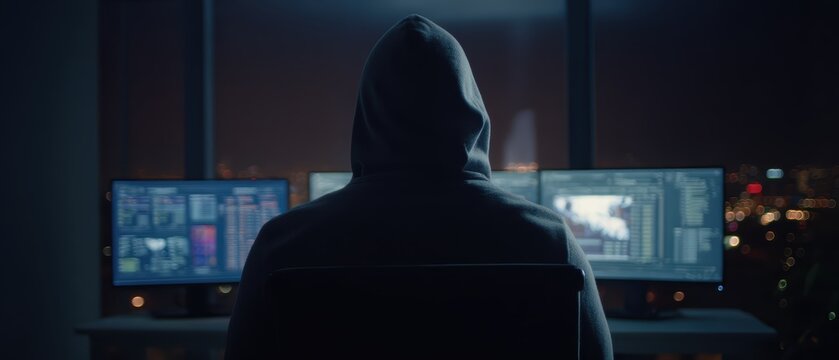 A person in a hoodie sits in front of multiple computer screens at night, facing away, with city lights visible through the window