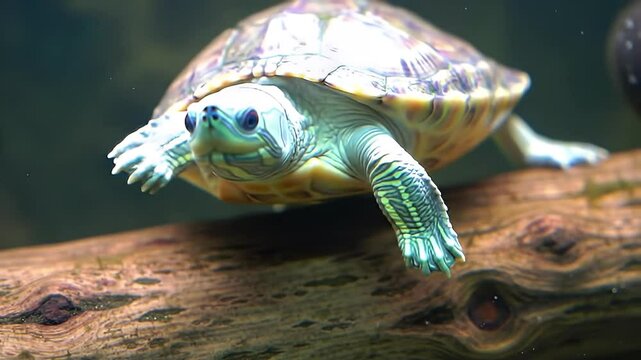 Turtle on log underwater, showcasing shell patterns and unique skin texture