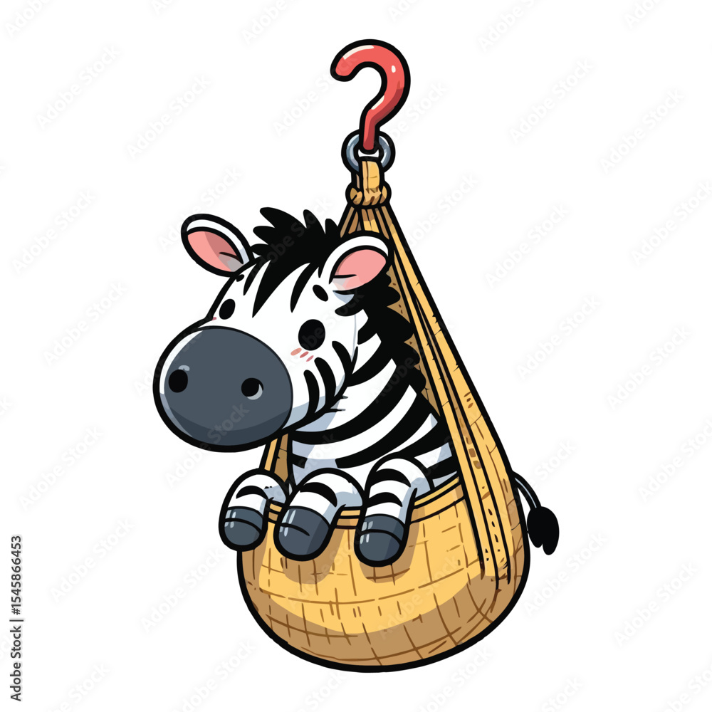 Fototapete hand drawn cartoon illustration of a zebra. The zebra has a funny expression. It is sitting in a hanging bag (like a sling or a carrier) that is hooked up by a red hook. 
