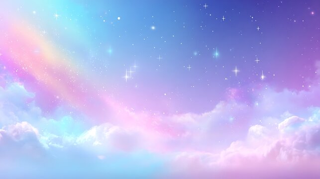 Dreamy pastel sky rainbow clouds stars background - Powered by Adobe