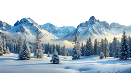 Majestic Snow Covered Mountains Winter Landscape with Frosty Pine Trees and Valley Fog A I isolated on a transparent background