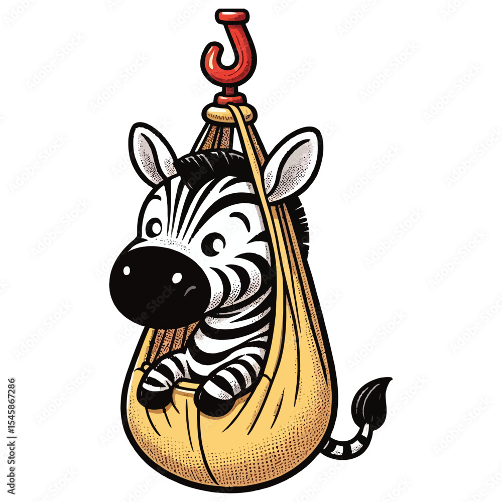 Fototapete hand drawn cartoon illustration of a zebra. The zebra has a funny expression. It is sitting in a hanging bag (like a sling or a carrier) that is hooked up by a red hook. 
