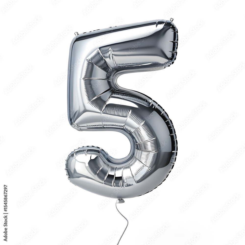 Fototapete a balloon shaped like the number 5 ,silver metallic finish with realistic reflections and smooth tex