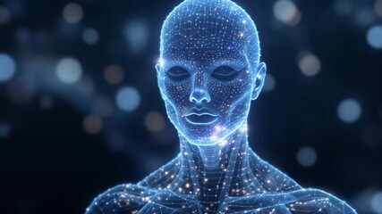 Futuristic Digital Human Figure with Glowing Particles in an Abstract Technology Background - Powered by Adobe