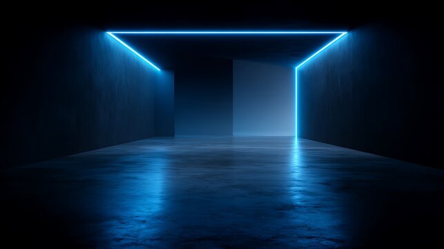 Dark room neon blue glowing lines futuristic sci fi background