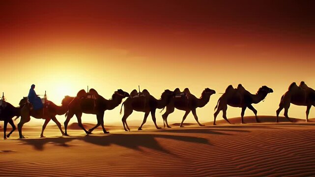 Camel Caravan Silhouette Against Golden Desert Sunset in Middle East