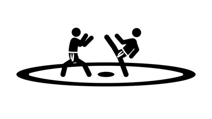 Set of stick figures, karate martial art, black silhouettes on white background, flat vector illustration.