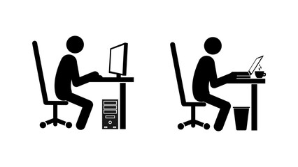 Set of stick figures, office work, isolated on white background, flat vector illustration.