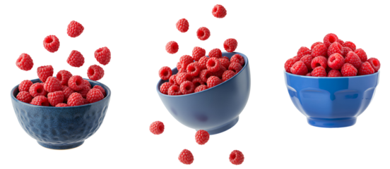 bowl of raspberries set PNG. Raspberry bowl isolated. raspberries berry fruit falling down into blue ceramic bowl PNG. Fresh and organic raspberry isolated