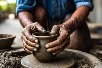 A potter working up close