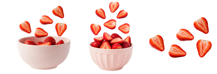 sliced strawberries falling down set PNG. fresh, red strawberry fruit flying isolated. Summer strawberries full of vitamins isolated
