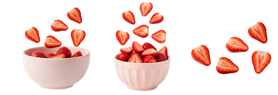 sliced strawberries falling down set PNG. fresh, red strawberry fruit flying isolated. Summer strawberries full of vitamins isolated