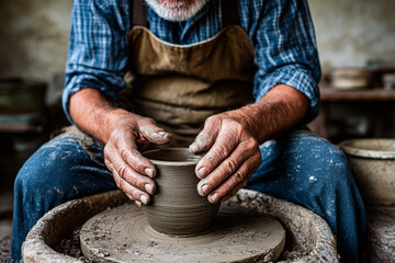 A potter working up close