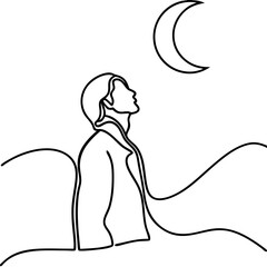 Person gazing at night sky crescent moon line art. Simple line drawing of person looking up at moon and stars. Person standing on hilltop, observing celestial scene.