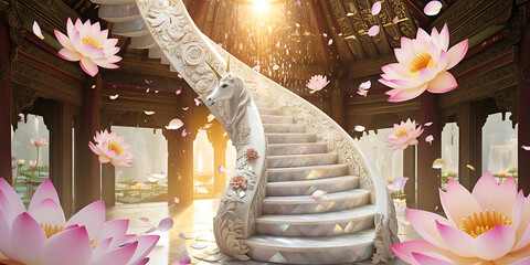 A majestic spiral staircase adorned with a unicorn design
