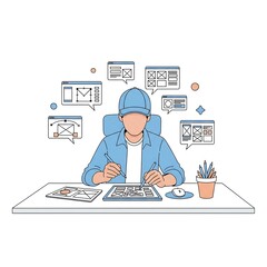 Web designer at work creating website layouts using a digital tablet illustration