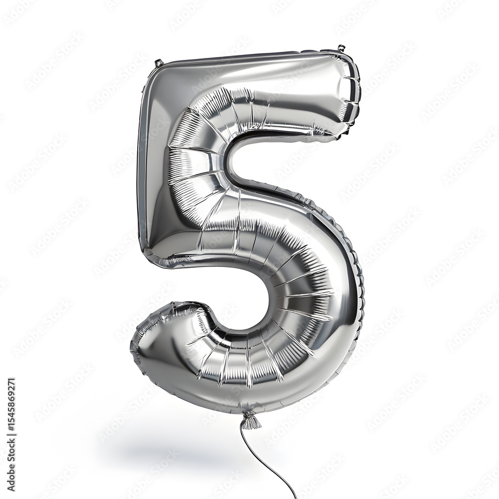 Fototapete a balloon shaped like the number 5 ,silver metallic finish with realistic reflections and smooth tex