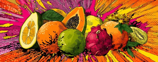 Tropical Fruit Composition in Pop Art, Pop Art Explosion with Comic-Style Fruits, Tropical Fruit with Comic Starbursts