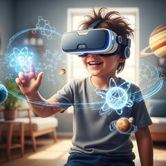 Young boy experiencing virtual reality interacting with science and planetary elements