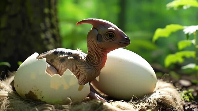Baby dino emerges from shell in nest, forest background, egg intact nearby