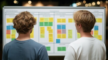 Two young men reviewing colorful task boards filled with sticky notes, focused on planning, task organization, and agile workflow