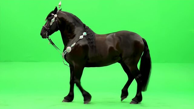 Elegant Dark Brown Horse with Ceremonial Decor Isolated by Green Screen Perfect For Compositing and Adds a Regal Element