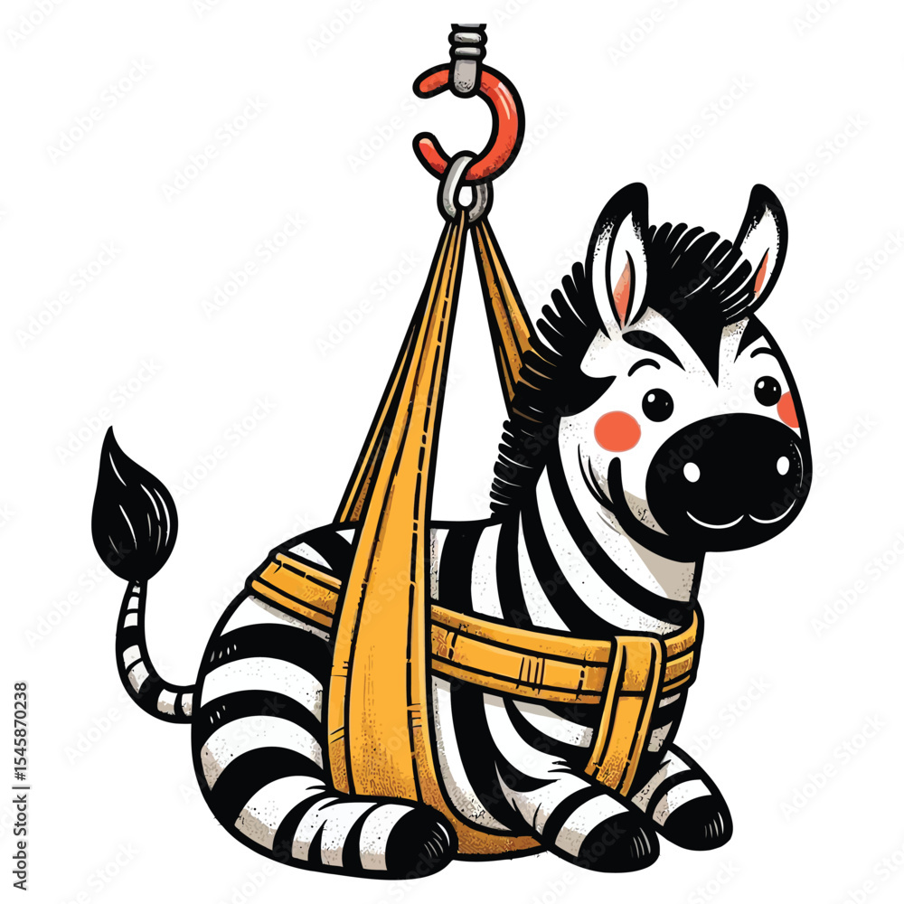 Fototapete hand drawn cartoon illustration of a zebra. The zebra has a funny expression. It is sitting in a hanging bag (like a sling or a carrier) that is hooked up by a red hook. 
