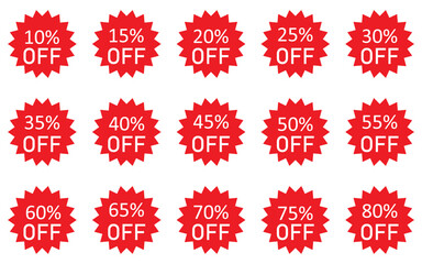 Glossy Red Sale Badge Collection   Percentage Discount Labels, Starburst Stickers   Vintage Tags Set