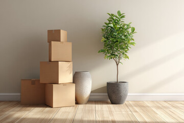 Interior of clean modern light living room with stacked cardboard boxes and green plant standing by wall in new house or apartment with no people. Moving, relocation, removal, transportation concept