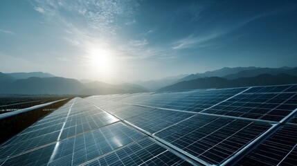 Solar Panel Field with Mountain Backdrop at Sunrise