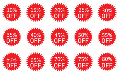 Glossy Red Sale Badge Collection   Percentage Discount Labels, Starburst Stickers   Vintage Tags Set