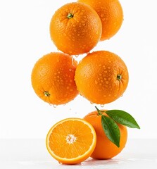 Fresh Dewy Oranges with Green Leaves &ndash; Vibrant Citrus Fruit for Healthy Refreshment