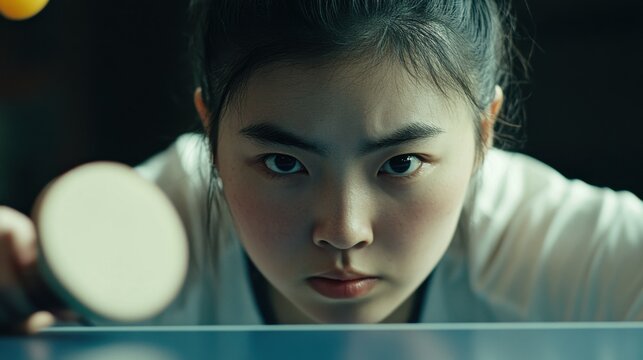 Determined table tennis player concentrating on game point with intense focus