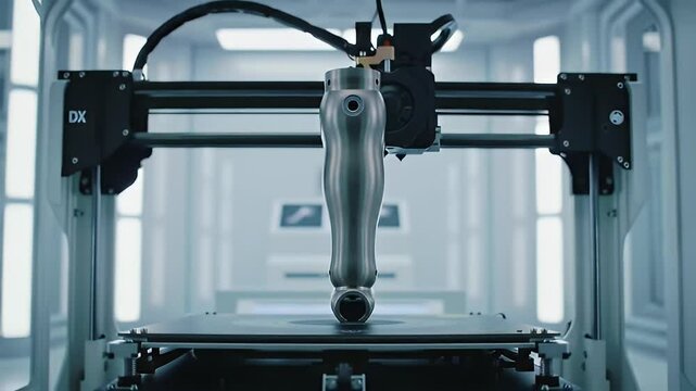 3D printer creating a metal prosthetic leg in a bright, clean room