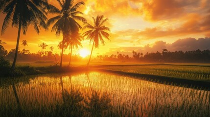 Obraz premium Sunrise over golden rice paddy field
